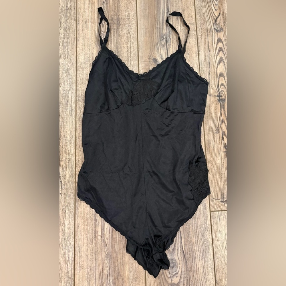 Vintage Sears Black Nylon Lace Teddy Bodysuit Size 36 Made in Canada